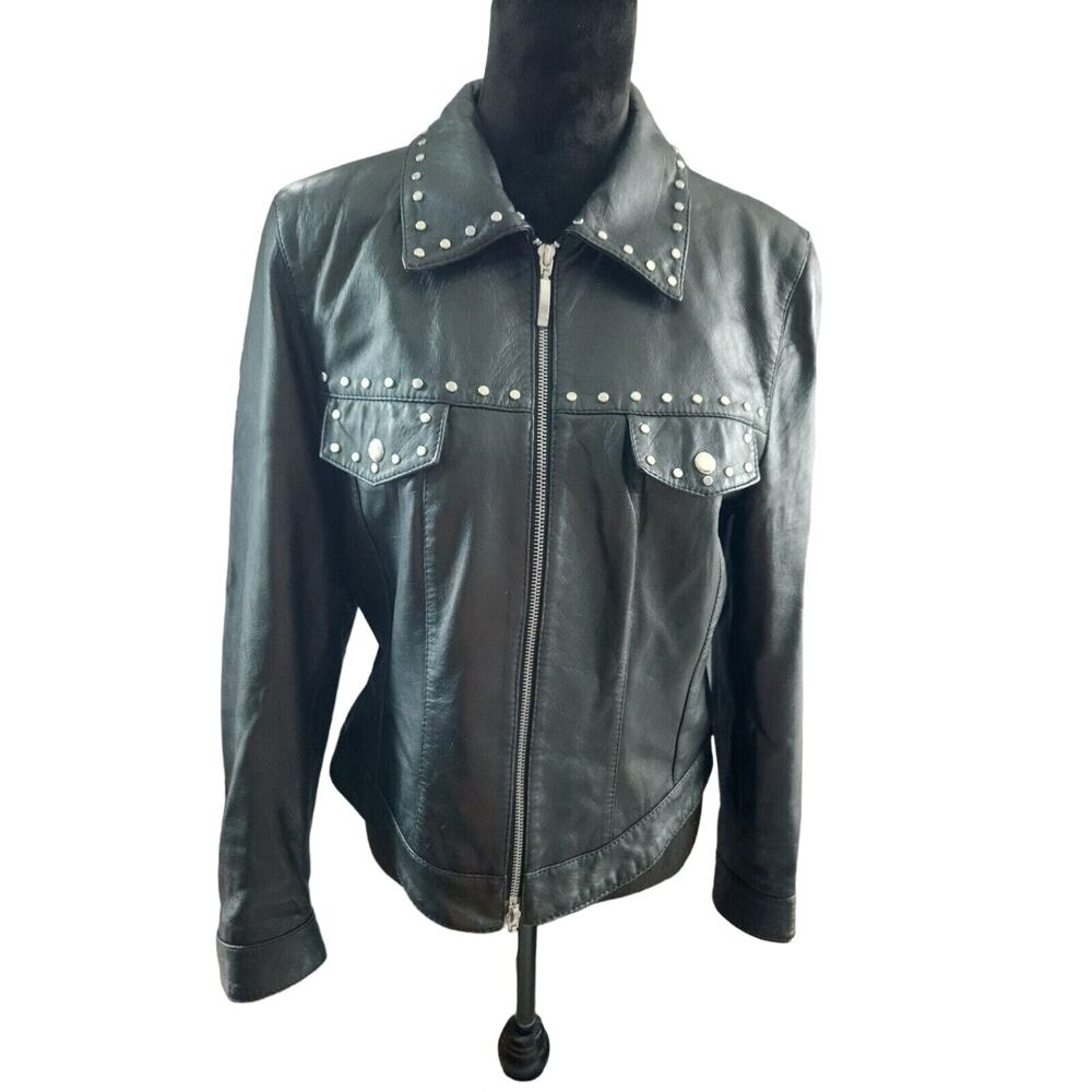 Dino Z Studded Black Leather Moto Biker Jacket Women's Size 12